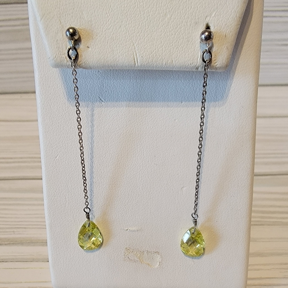Vintage 925 Sterling Silver Green Faceted Briolette Long Dangle Earrings